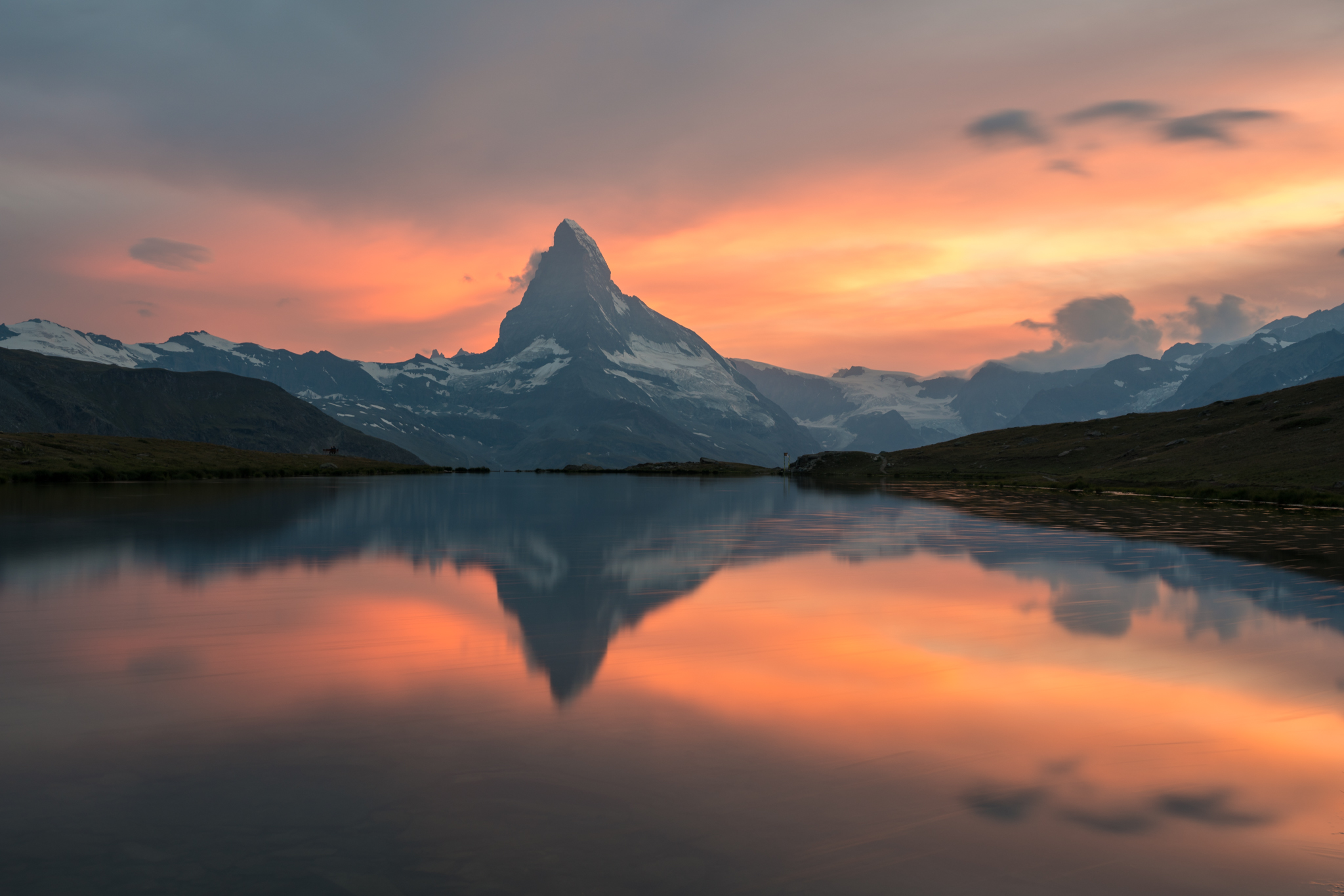 Beautiful photo of Matterhorn's reflection in Stellisee high altitude lake, Switzerland