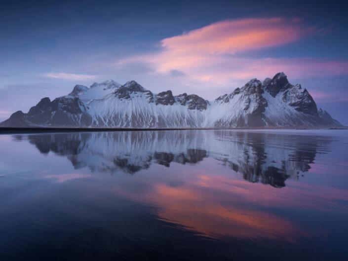 Photo of sunset at Vestrahorn, Iceland. buy a canvas, framed or acrylic fine art print.