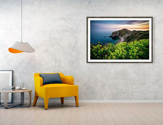 Framed print example of spring at Durdle Door on the Jurassic Coast in Dorset, England. Landscape photographs.