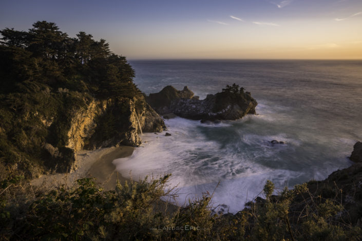 Photo of a golden hour at the McWay Falls, Big Sur, USA. Buy a canvas, framed or acrylic fine art print.