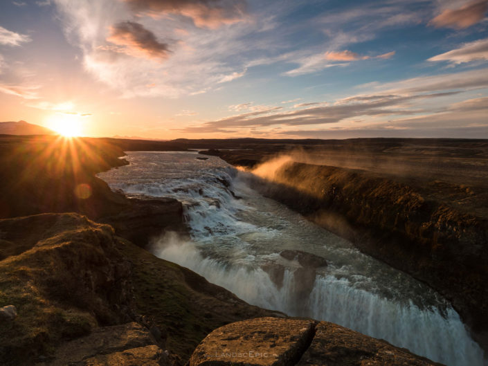 Photo of Gullfoss Waterfall at sunrise, Iceland. Buy a canvas, framed or acrylic fine art print.