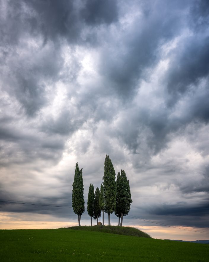 Cloudy day with cypresses in Tuscany, Italy. Buy a canvas, framed or acrylic fine art print.