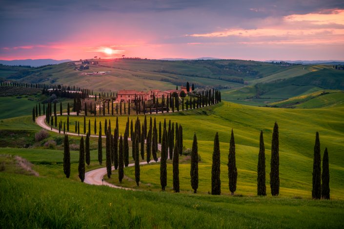 View at Agriturismo Baccoleno at the sunset in Tuscany, Italy. Buy a canvas, framed or acrylic fine art print.