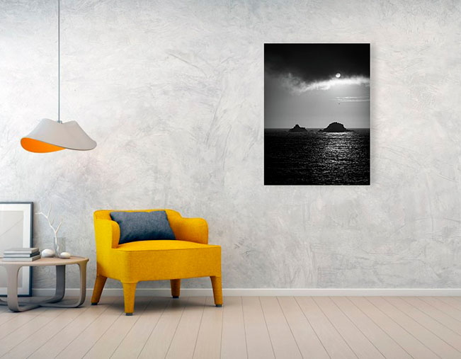 Acrylic example of island and sun black and white photograph