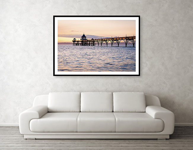 Framed print example of sunset at Clevedon Pier in England. Photos of England.