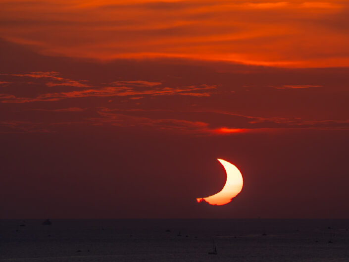 Sunset during the partial phase of the Total Solar Eclipse 2026 over Meditteranean Sea as seen from Mallorca