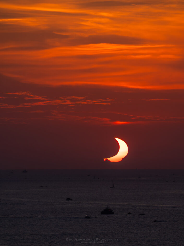 Sunset during the partial phase of the Total Solar Eclipse 2026 over Meditteranean Sea as seen from Mallorca