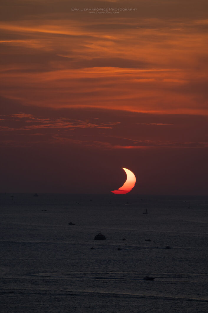 Sunset during the partial phase of the Total Solar Eclipse 2026 over Meditteranean Sea as seen from Mallorca