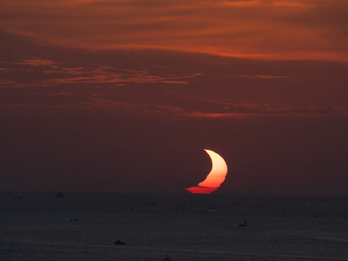 Sunset during the partial phase of the Total Solar Eclipse 2026 over Meditteranean Sea as seen from Mallorca